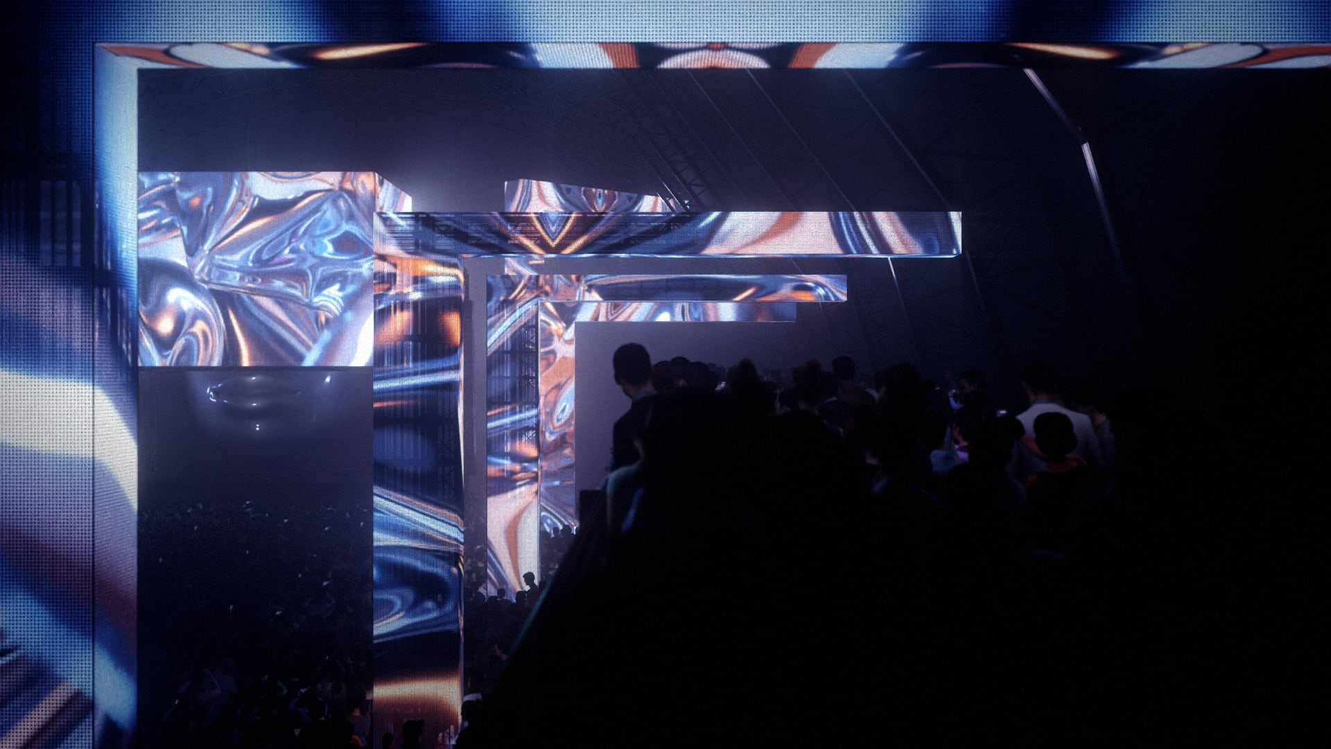 Mysteryland Hardstyle Elite stage visualisation with sculptural face and LED cube